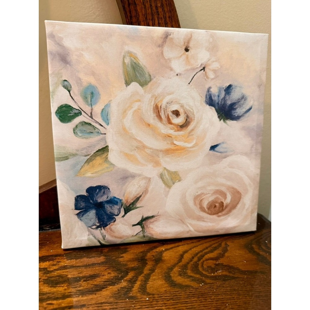Unbranded Floral Canvas Art Home Decor 8x8 Cream Blue Rose Excellent Pastel
